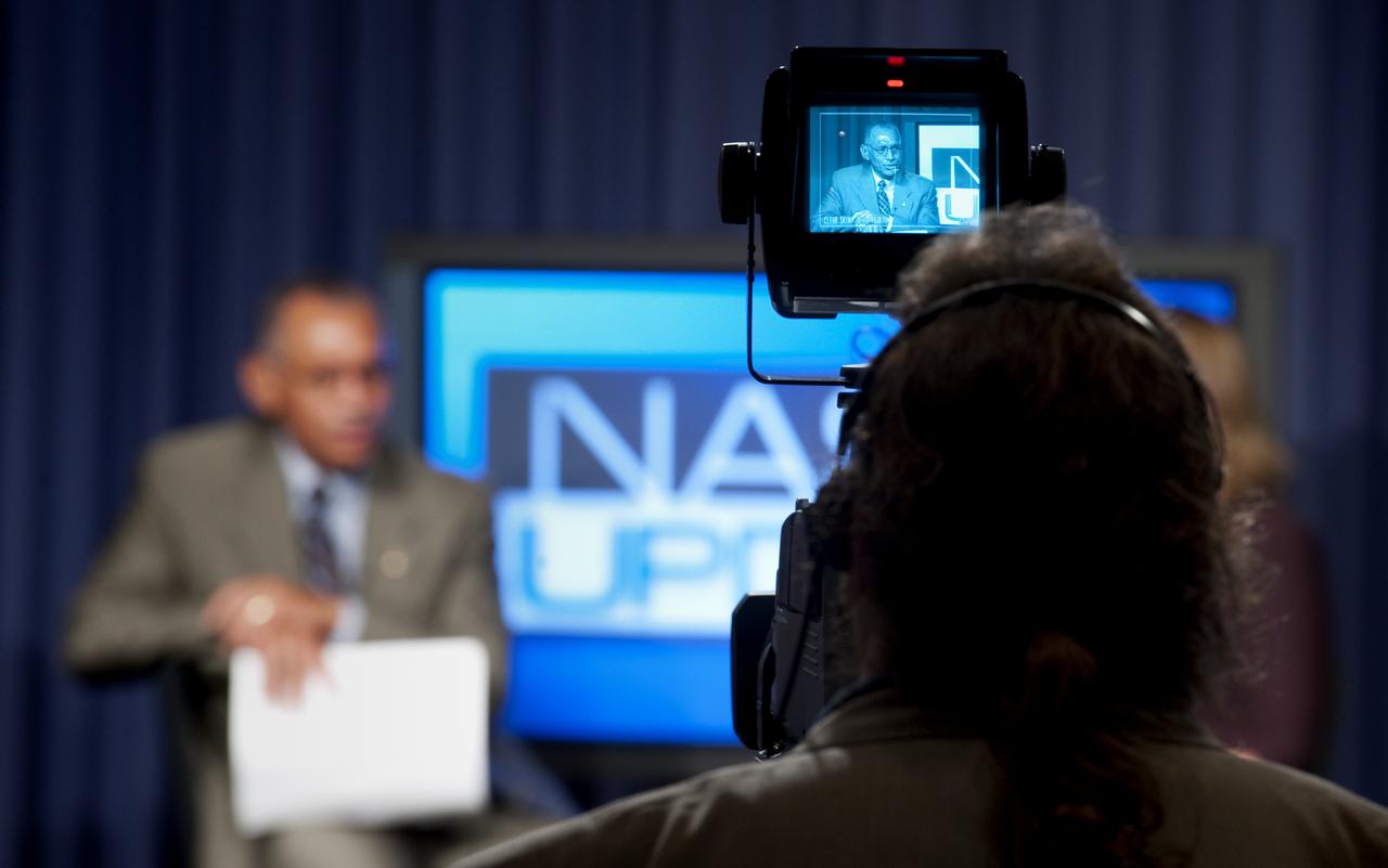 NASA Administrator Charles F. Bolden Jr. is seen on a television camera monitor while speaking at his first NASA Update,Tuesday, July 21, 2009, at NASA Headquarters in Washington. Bolden, NASA's 12th Administrator, was joined by Deputy Administrator Lori Garver where they took the time to introduce themselves and outline their vision for the agency going forward. No questions were taken during the session. Photo Credit: (NASA/Bill Ingalls)