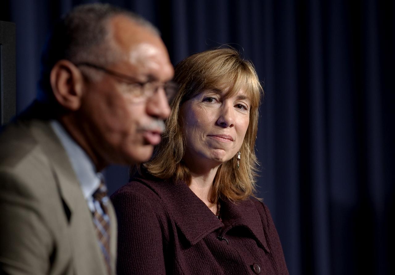 NASA Deputy Administrator Lori Garver, right, looks on as NASA Administrator Charles F. Bolden Jr. speaks during his first NASA Update,Tuesday, July 21, 2009, at NASA Headquarters in Washington. Bolden, NASA's 12th Administrator and Garver took the time to introduce themselves and outline their vision for the agency going forward. No questions were taken during the session. Photo Credit: (NASA/Bill Ingalls)