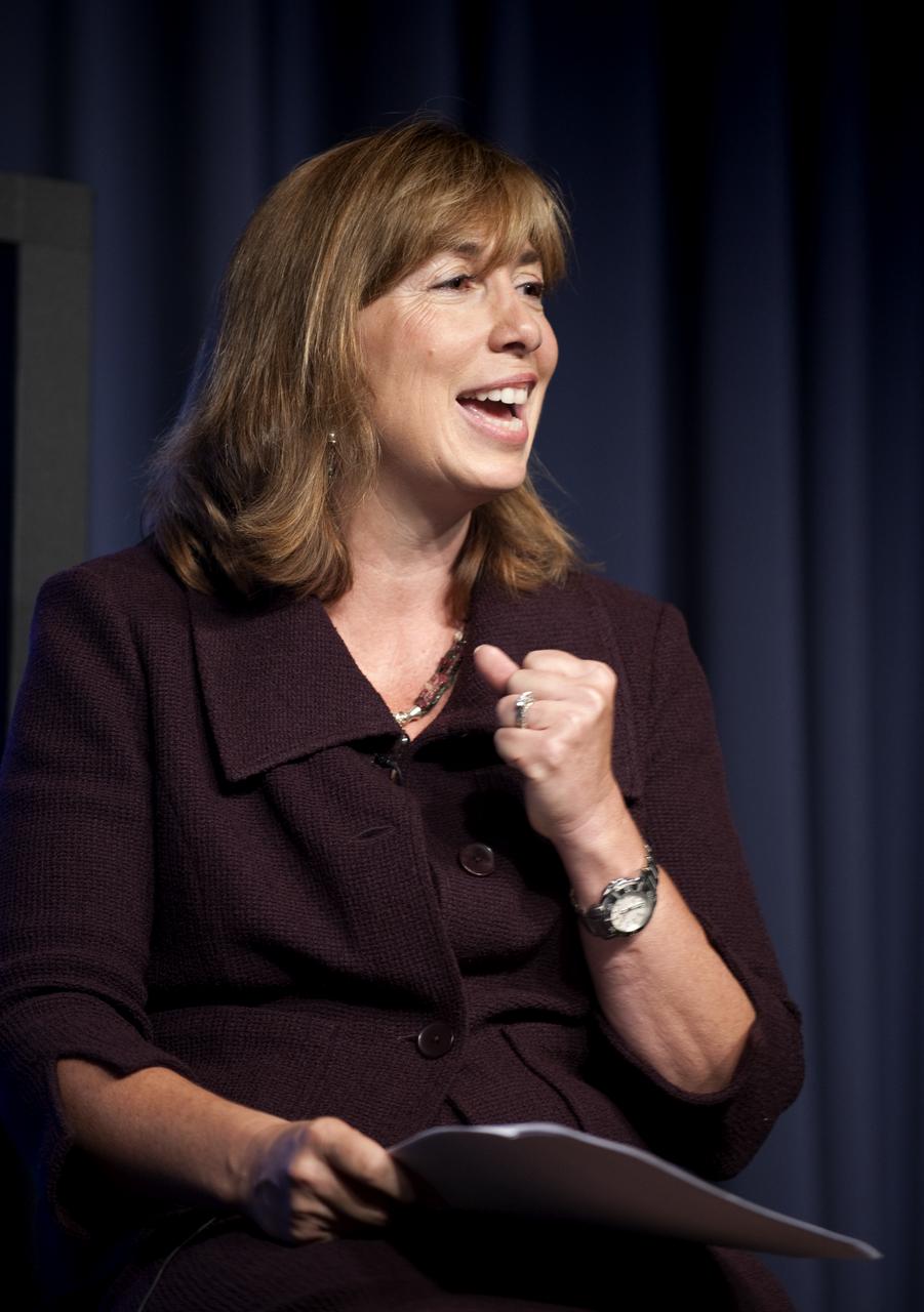 NASA Deputy Administrator Lori Garver makes a point as she speaks during a NASA Update with Administrator Charles F. Bolden Jr.,Tuesday, July 21, 2009, at NASA Headquarters in Washington. Bolden, NASA's 12th Administrator and Garver took the time to introduce themselves and outline their vision for the agency going forward. No questions were taken during the session. Photo Credit: (NASA/Bill Ingalls)
