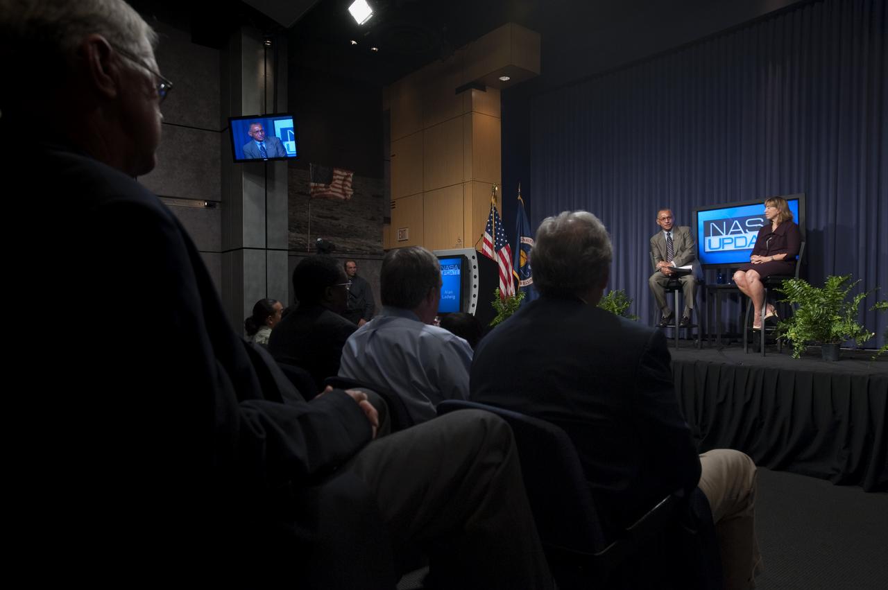 NASA Administrator Charles F. Bolden Jr. left on stage, speaks during his first NASA Update as Deputy Administrator Lori Garver looks on at right,Tuesday, July 21, 2009, at NASA Headquarters in Washington. Bolden, NASA's 12th Administrator and Garver took the time to introduce themselves and outline their vision for the agency going forward. No questions were taken during the session. Photo Credit: (NASA/Bill Ingalls)