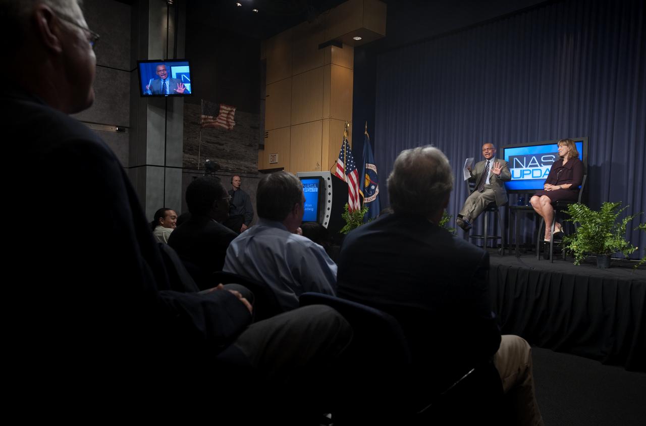 NASA Administrator Charles F. Bolden Jr., left on stage, speaks during his first NASA Update as Deputy Administrator Lori Garver looks on at right,Tuesday, July 21, 2009, at NASA Headquarters in Washington. Bolden, NASA's 12th Administrator and Garver took the time to introduce themselves and outline their vision for the agency going forward. No questions were taken during the session. Photo Credit: (NASA/Bill Ingalls)