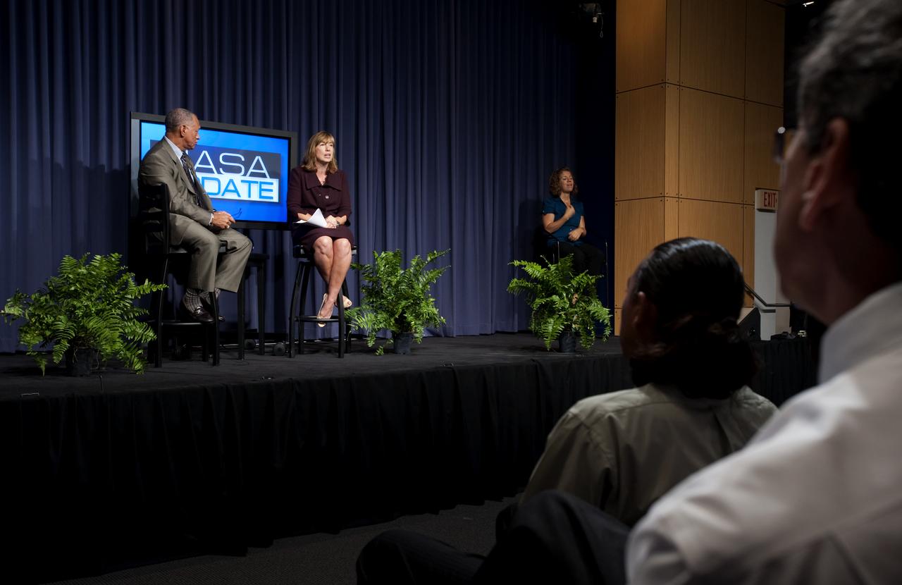 NASA Deputy Administrator Lori Garver, second right on stage, speaks as NASA Administrator Charles F. Bolden Jr. looks on during a NASA Update,Tuesday, July 21, 2009, at NASA Headquarters in Washington. Bolden, NASA's 12th Administrator and Garver took the time to introduce themselves and outline their vision for the agency going forward. No questions were taken during the session. Photo Credit: (NASA/Bill Ingalls)