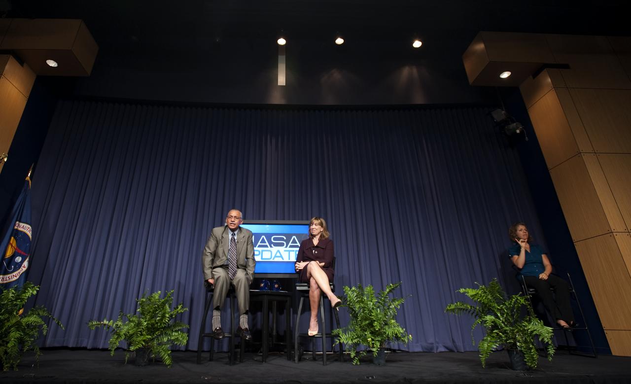 NASA Administrator Charles F. Bolden Jr., left on stage, speaks during his first NASA Update as Deputy Administrator Lori Garver looks on,Tuesday, July 21, 2009, at NASA Headquarters in Washington. Bolden, NASA's 12th Administrator and Garver took the time to introduce themselves and outline their vision for the agency going forward. No questions were taken during the session. Photo Credit: (NASA/Bill Ingalls)