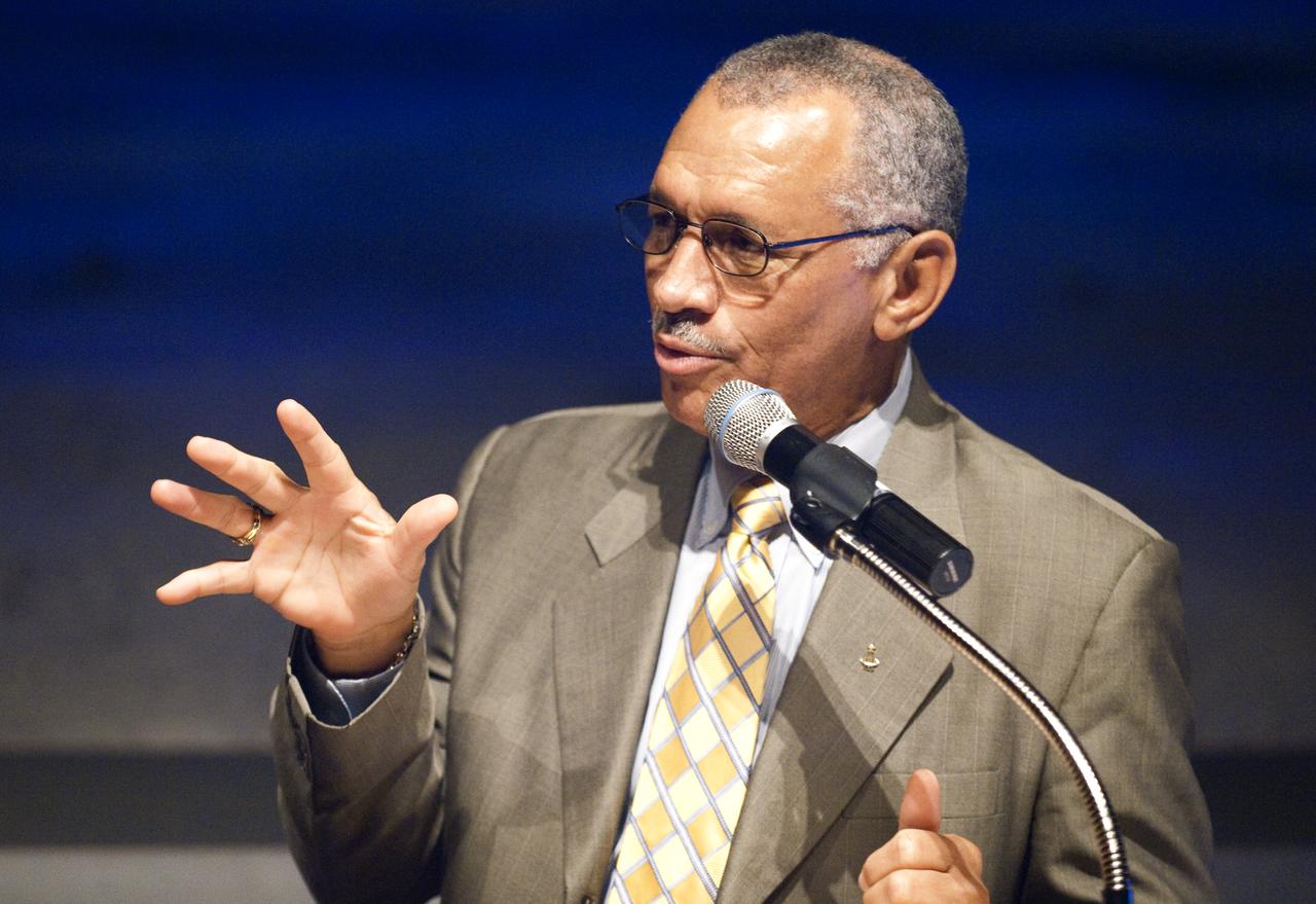 NASA Administrator Charles Bolden, left, talks about Apollo astronaut Al Worden during a ceremony, Thursday, July 30, 2009, where Worden was honored with the presentation of the Ambassador of Exploration Award for his contributions to the U.S. space program at Kennedy Space Center, Fla. Worden served as command module pilot for the Apollo 15 mission. Photo Credit: (NASA/Bill Ingalls)