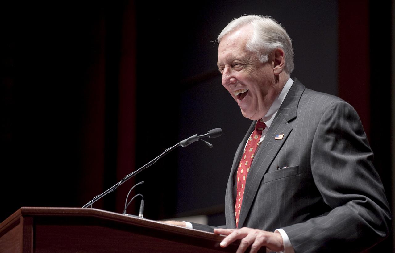 House Majority Leader U.S. Rep. Steny Hoyer, D-Md., smiles as he speaks to those in attendance  at a ceremony where senior NASA officials presented the National Federation of the Blind with two Louis Braille Bicentennial Silver Dollars that flew on Space Shuttle Atlantis' mission (STS-125) to the Hubble Space Telescope in May 2009, Friday evening, July 31, 2009, at the Capitol Visitors Center in Washington. Photo Credit: (NASA/Paul E. Alers)
