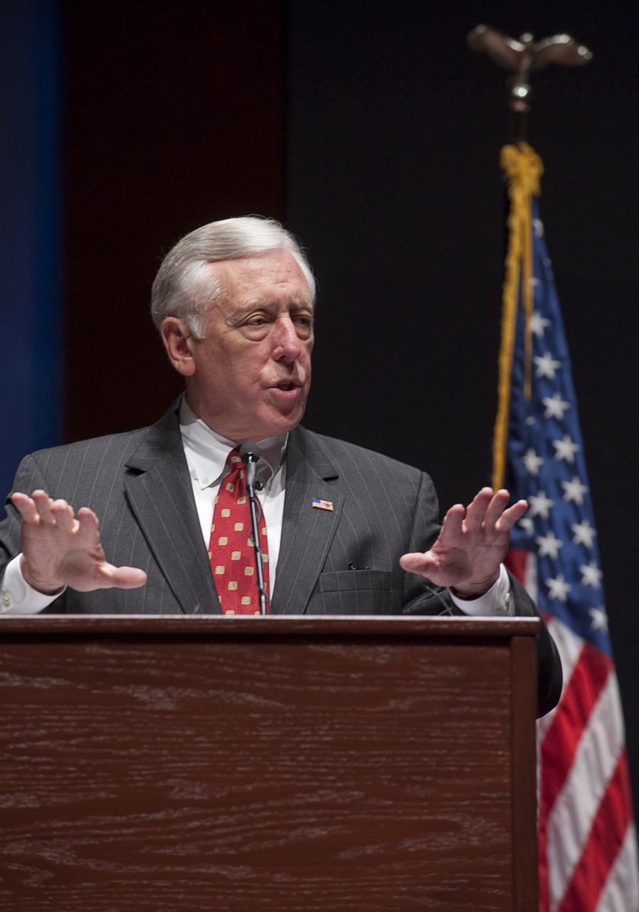House Majority Leader U.S. Rep. Steny Hoyer, D-Md., speaks at a ceremony where senior NASA officials presented the National Federation of the Blind with two Louis Braille Bicentennial Silver Dollars that flew on Space Shuttle Atlantis' mission (STS-125) to the Hubble Space Telescope in May 2009, Friday evening, July 31, 2009, at the Capitol Visitors Center in Washington. Photo Credit: (NASA/Paul E. Alers)