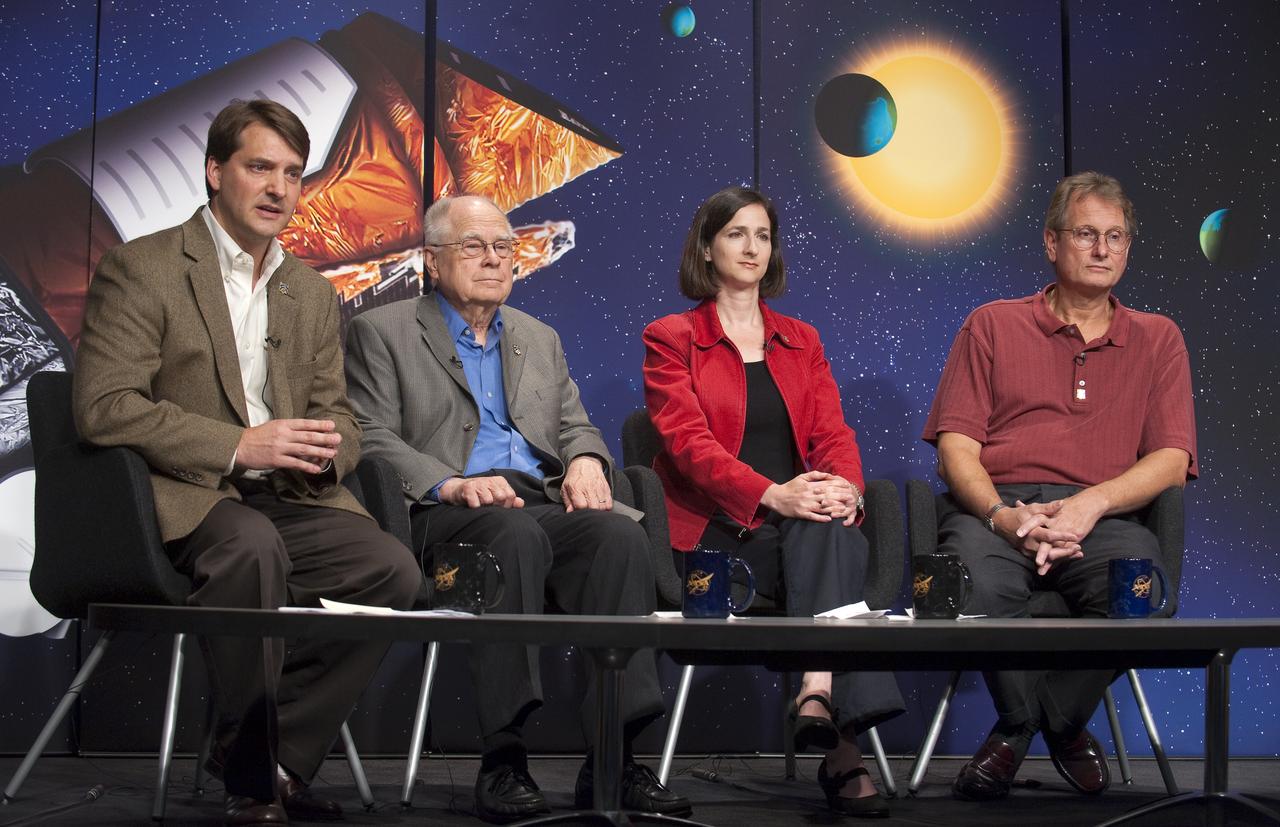 Jon Morse, Astrophysics Division Director, NASA Headquarters, left, is seen Thursday, Aug. 6, 2009 at a press conference at NASA Headquarters in Washington where he along with William Bo-Ricki, principal investigator, Sara Seager, professor of Planetary Science at the Massachusetts Institute of Technology and Alan Boss, an astrophysicist at the Carnegie Institution at the Department of Terrestrial Magnetism, far right, discussed the scientific observations coming from the Kepler spacecraft that was launched this past March. Kepler is NASA's first mission that is capable of discovering earth-sized planets in the habitable zones of stars like our Sun. Photo Credit: (NASA/Paul E. Alers)