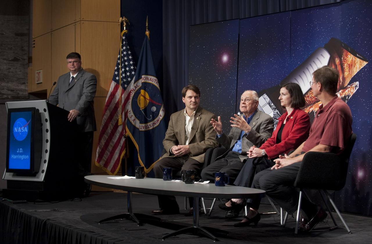 William Bo-Ricki, Kepler principal investigator at NASA's Ames Research Center, second from left, speaks during a press conference, Thursday, Aug. 6, 2009, at NASA Headquarters in Washington about the scientific observations coming from the Kepler spacecraft that was launched this past March. Others seated include Jon Morse, NASA's Astrophysics Director, Sara Seager, Professor of Planetary Science and Physics at MIT, and Alan Boss, an Astrophysicist at the Carnegie Institution at the Department of Terrestrial Magnetism in Washington, right. Kepler is NASA's first mission that is capable of discovering earth-sized planets in the habitable zones of stars like our Sun. Photo Credit: (NASA/Paul E. Alers)