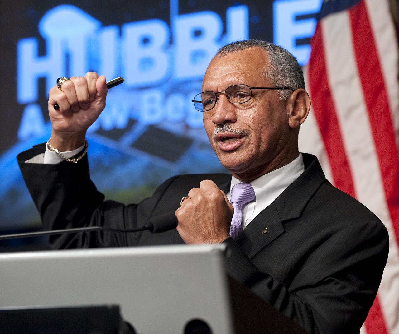 NASA Administrator Charles F. Bolden delivers his remarks during a press conference where NASA unveiled new images from the Hubble Space Telescope Wednesday, Sept. 9, 2009 at NASA Headquarters in Washington. The unveiled images were from four of the telescopes' six operating science instruments. Photo Credit: (NASA/Bill Ingalls)