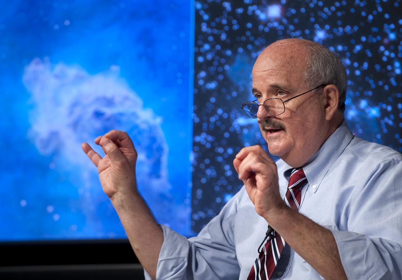 Bob O'Connell, chair of the science oversight committee for the NASA Hubble Space Telescope Wide Field Camera 3 at the University of Virginia discusses newly released images from NASA's Hubble Space Telescope Wednesday, Sept. 9, 2009 at NASA Headquarters in Washington. The images were from four of the telescopes' six operating science instruments. Photo Credit: (NASA/Bill Ingalls)