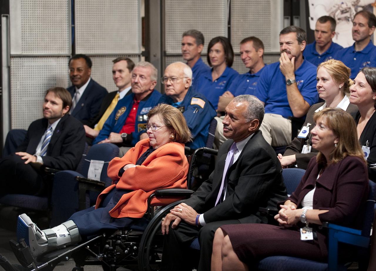 U.S. Senator Barbara A. Mikulski, D-Md., left foreground, NASA Administrator Charles F. Bolden, center, and NASA Deputy Administrator Lori Garver, right, along with members of the STS-125 and STS-31 space shuttle crews listen during a press conference where NASA unveiled new images from the Hubble Space Telescope Wednesday, Sept. 9, 2009 at NASA Headquarters in Washington. The unveiled images were from four of the telescopes' six operating science instruments. Photo Credit: (NASA/Bill Ingalls)