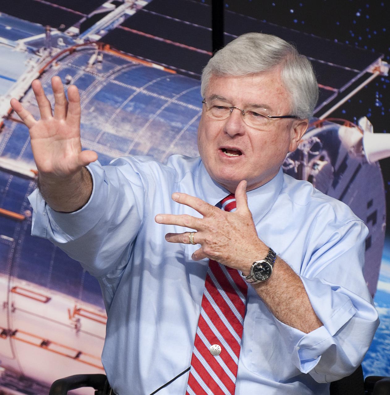 David Leckrone, senior project scientist for Hubble at NASA's Goddard Space Flight Center in Greenbelt, Md. discusses newly released images from NASA's Hubble Space Telescope Wednesday, Sept. 9, 2009 at NASA Headquarters in Washington. The images were from four of the telescopes' six operating science instruments. Photo Credit: (NASA/Bill Ingalls)