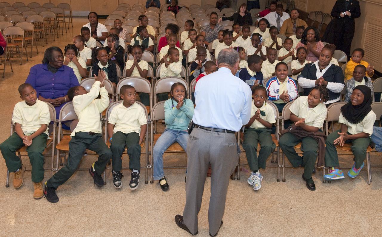 NASA Administrator Charles F. Bolden speaks to students during a visit to Davis Elementary School, Friday, Sept. 11, 2009, in Washington. Bolden spent time with approximately 120 students in third, fourth and fifth grade  talking about science, technology, mathematics and engineering as part of the National Day of Service and Remembrance. Photo Credit: (NASA/Paul E. Alers)