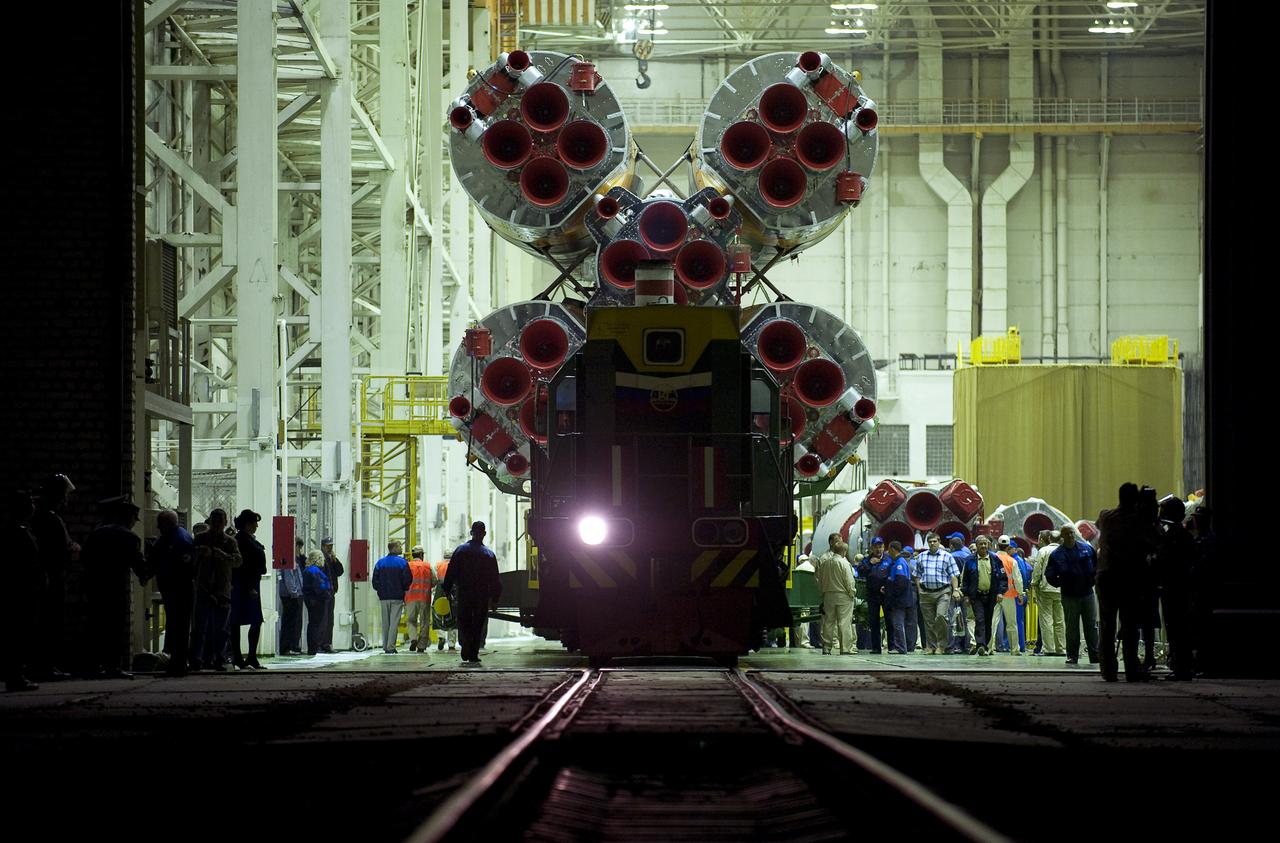 The Soyuz rocket is rolled out to the launch pad Monday, Sept. 28, 2009 at the Baikonur Cosmodrome in Kazakhstan.  The Soyuz is scheduled to launch the crew of Expedition 21 and a spaceflight participant on Sept. 30, 2009.  Photo Credit: (NASA/Bill Ingalls)