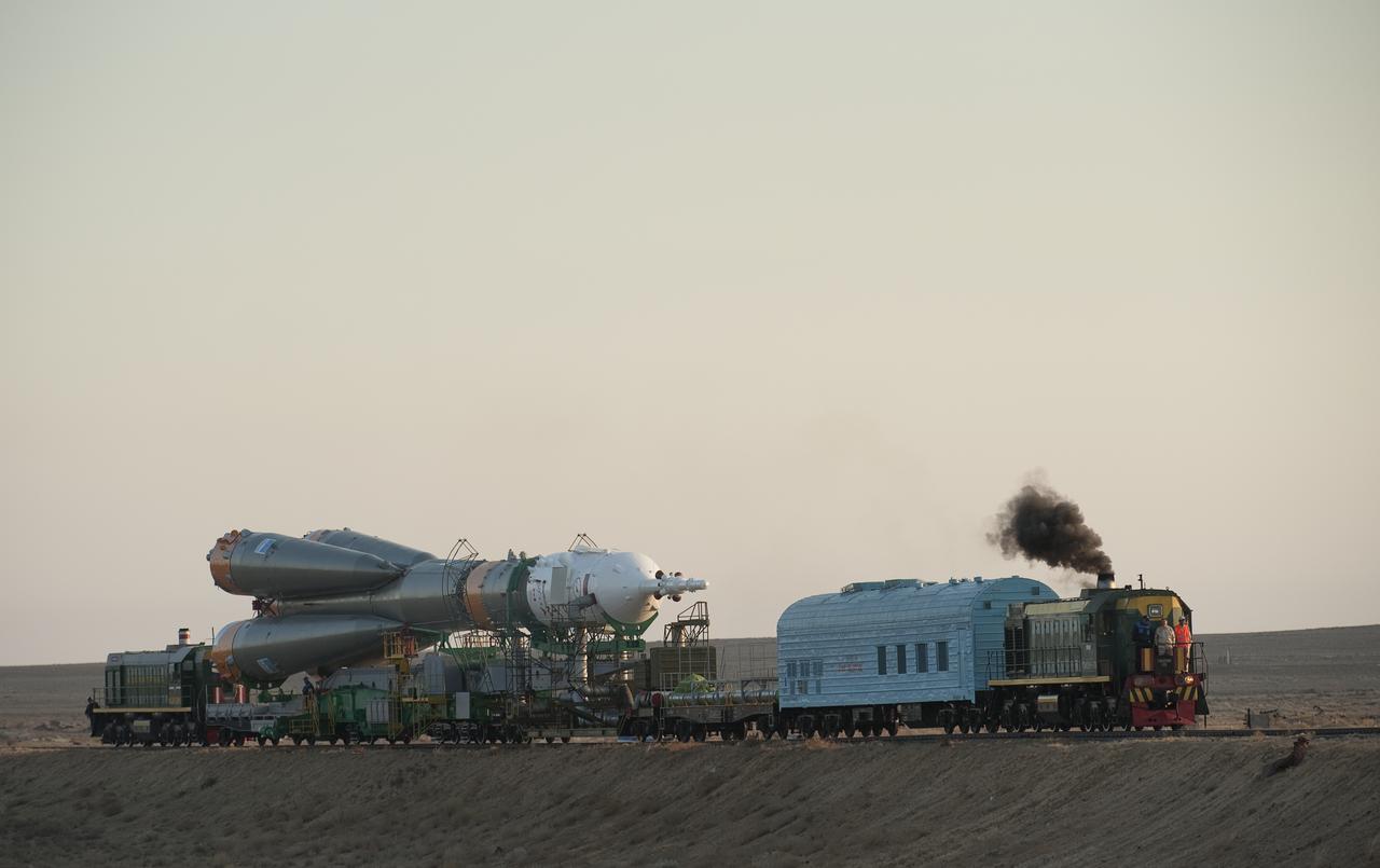 The Soyuz rocket is rolled out to the launch pad Monday, Sept. 28, 2009 at the Baikonur Cosmodrome in Kazakhstan.  The Soyuz is scheduled to launch the crew of Expedition 21 and a spaceflight participant on Sept. 30, 2009.  Photo Credit: (NASA/Bill Ingalls)