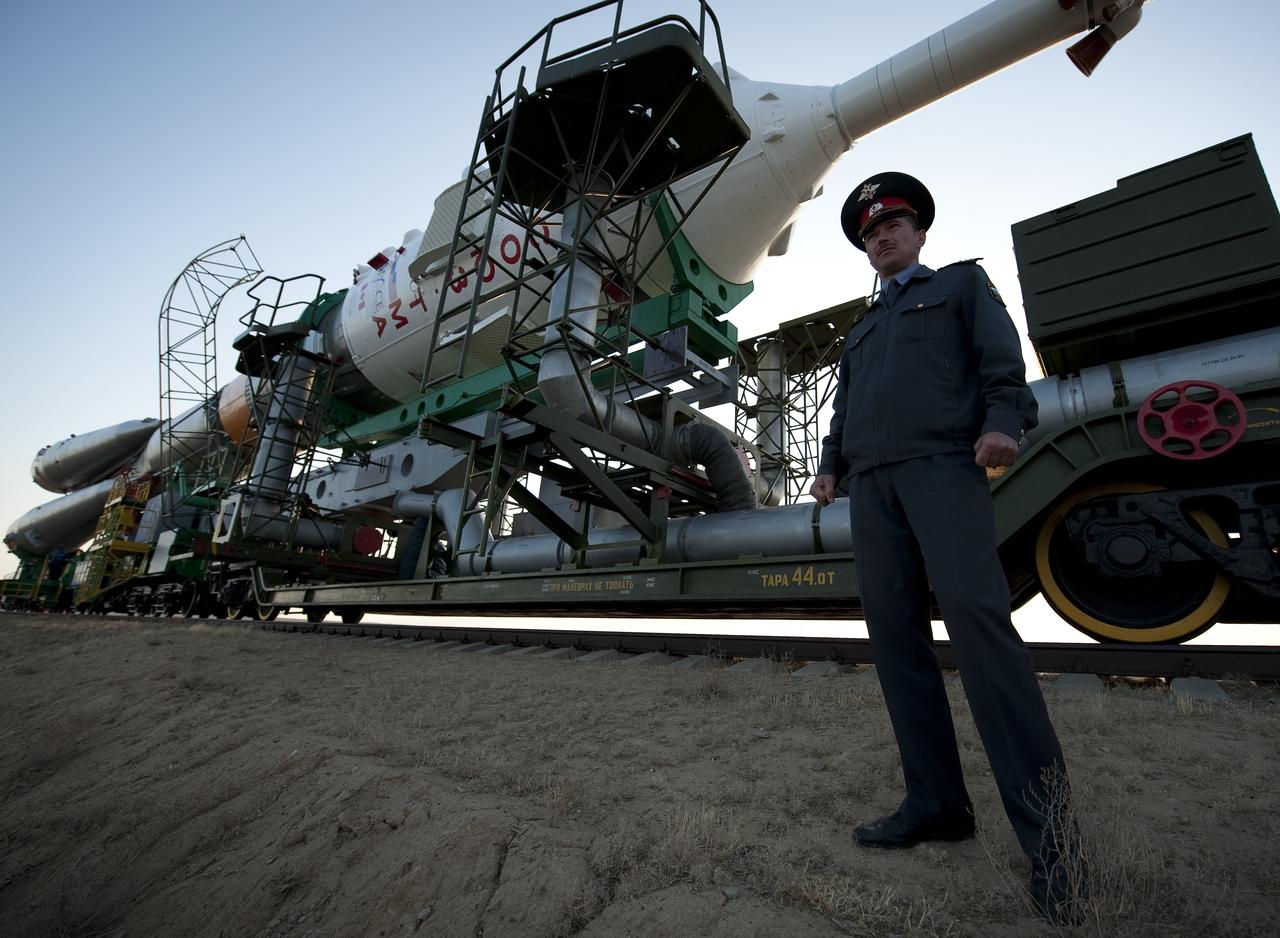 The Soyuz rocket is rolled out to the launch pad Monday, Sept. 28, 2009 at the Baikonur Cosmodrome in Kazakhstan.  The Soyuz is scheduled to launch the crew of Expedition 21 and a spaceflight participant on Sept. 30, 2009.  Photo Credit: (NASA/Bill Ingalls)
