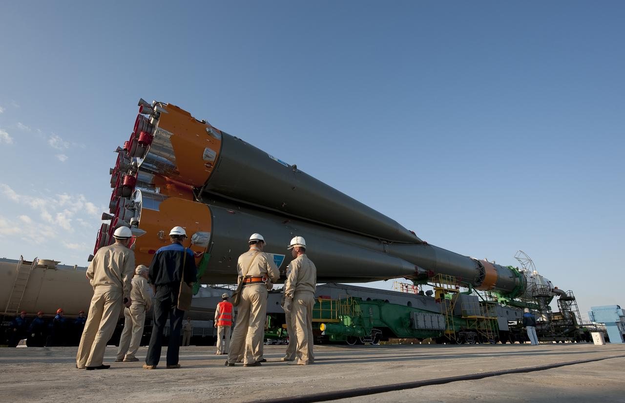 The Soyuz rocket is seen shortly after arrival to the launch pad Monday, Sept. 28, 2009 at the Baikonur Cosmodrome in Kazakhstan. The Soyuz is scheduled to launch the crew of Expedition 21 and a spaceflight participant on Sept. 30, 2009. Photo Credit: (NASA/Bill Ingalls)