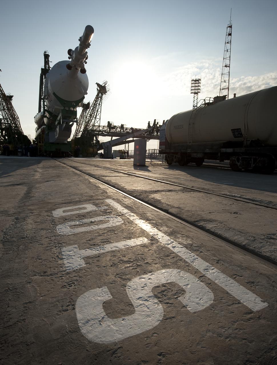The Soyuz rocket is seen shortly after arrival to the launch pad Monday, Sept. 28, 2009 at the Baikonur Cosmodrome in Kazakhstan. The Soyuz is scheduled to launch the crew of Expedition 21 and a spaceflight participant on Sept. 30, 2009. Photo Credit: (NASA/Bill Ingalls)