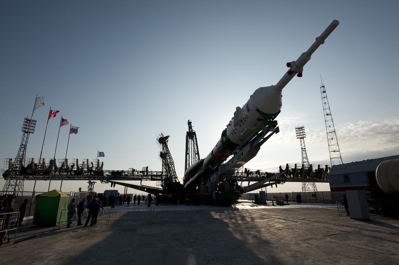 The Soyuz rocket is seen shortly after arrival to the launch pad Monday, Sept. 28, 2009 at the Baikonur Cosmodrome in Kazakhstan. The Soyuz is scheduled to launch the crew of Expedition 21 and a spaceflight participant on Sept. 30, 2009. Photo Credit: (NASA/Bill Ingalls)
