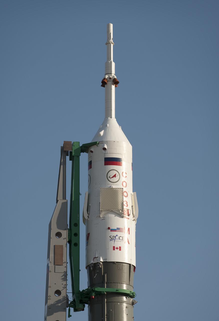 The Soyuz rocket is seen shortly after arrival to the launch pad Monday, Sept. 28, 2009 at the Baikonur Cosmodrome in Kazakhstan. The Soyuz is scheduled to launch the crew of Expedition 21 and a spaceflight participant on Sept. 30, 2009. Photo Credit: (NASA/Bill Ingalls)