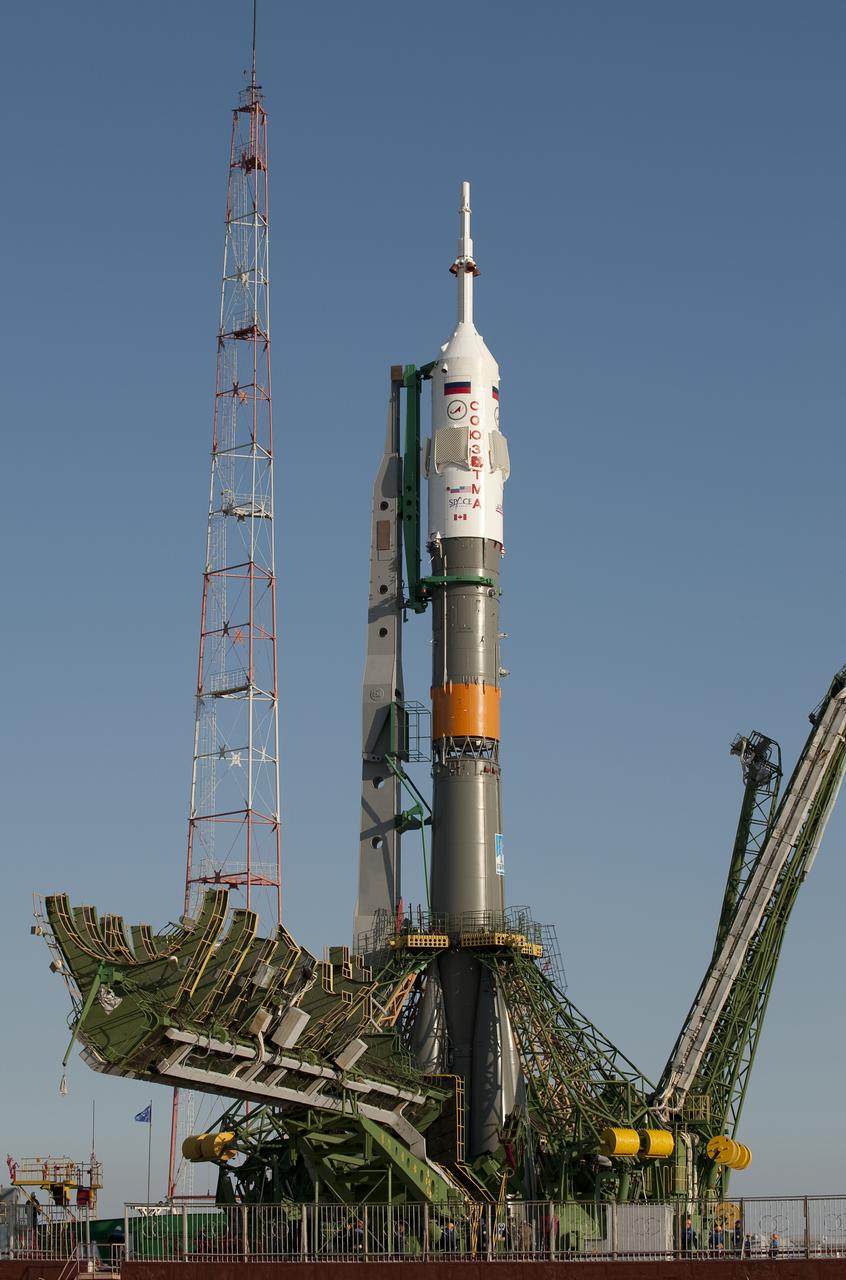 The Soyuz rocket is seen shortly after arrival to the launch pad Monday, Sept. 28, 2009 at the Baikonur Cosmodrome in Kazakhstan. The Soyuz is scheduled to launch the crew of Expedition 21 and a spaceflight participant on Sept. 30, 2009. Photo Credit: (NASA/Bill Ingalls)
