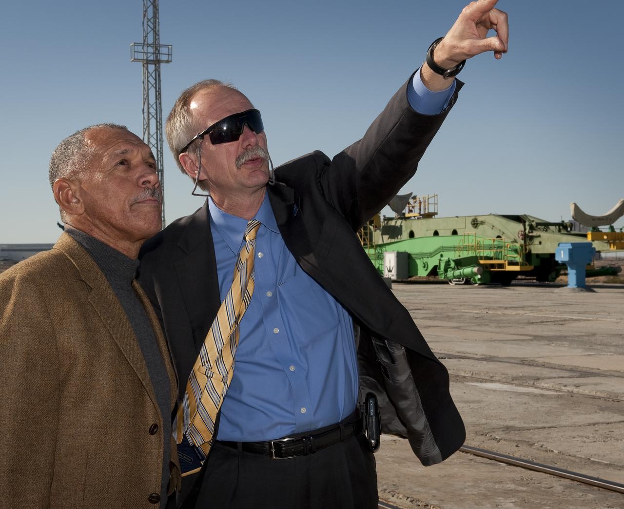 NASA Administrator Charles Bolden, left, and NASA Associate Administrator for Space Operations Bill Gerstenmaier tour the Soyuz launch pad in Baikonur, Kazakhstan, Tuesday, Sept., 29, 2009 the day before Expedition 21 Flight Engineer Maxim Suraev, Expedition 21 Flight Engineer Jeffrey N. Williams and Spaceflight Participant Guy Laliberté are scheduled to launch to the International Space Station (ISS).  Photo Credit: (NASA/Bill Ingalls)