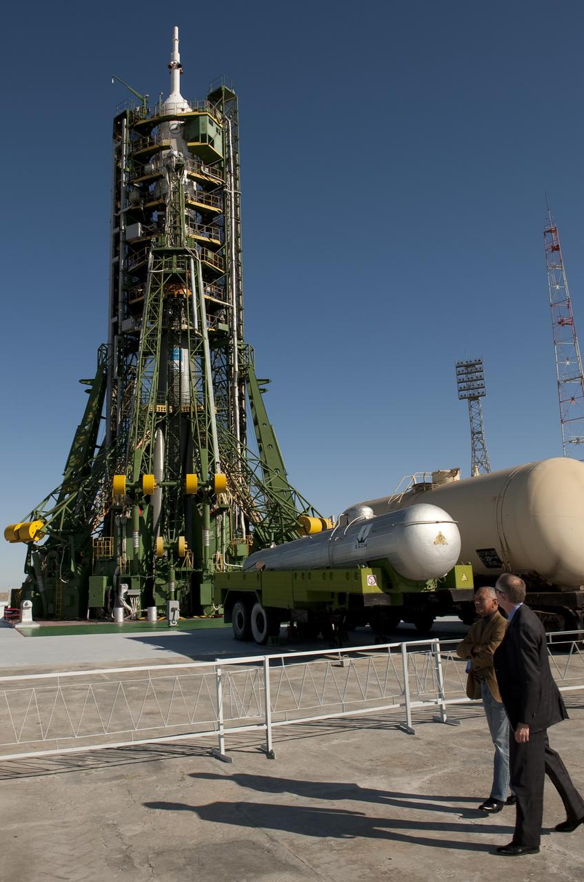 NASA Administrator Charles Bolden, left, and NASA Associate Administrator for Space Operations Bill Gerstenmaier tour the Soyuz launch pad in Baikonur, Kazakhstan, Tuesday, Sept., 29, 2009 the day before Expedition 21 Flight Engineer Maxim Suraev, Expedition 21 Flight Engineer Jeffrey N. Williams and Spaceflight Participant Guy Laliberté are scheduled to launch to the International Space Station (ISS).  Photo Credit: (NASA/Bill Ingalls)
