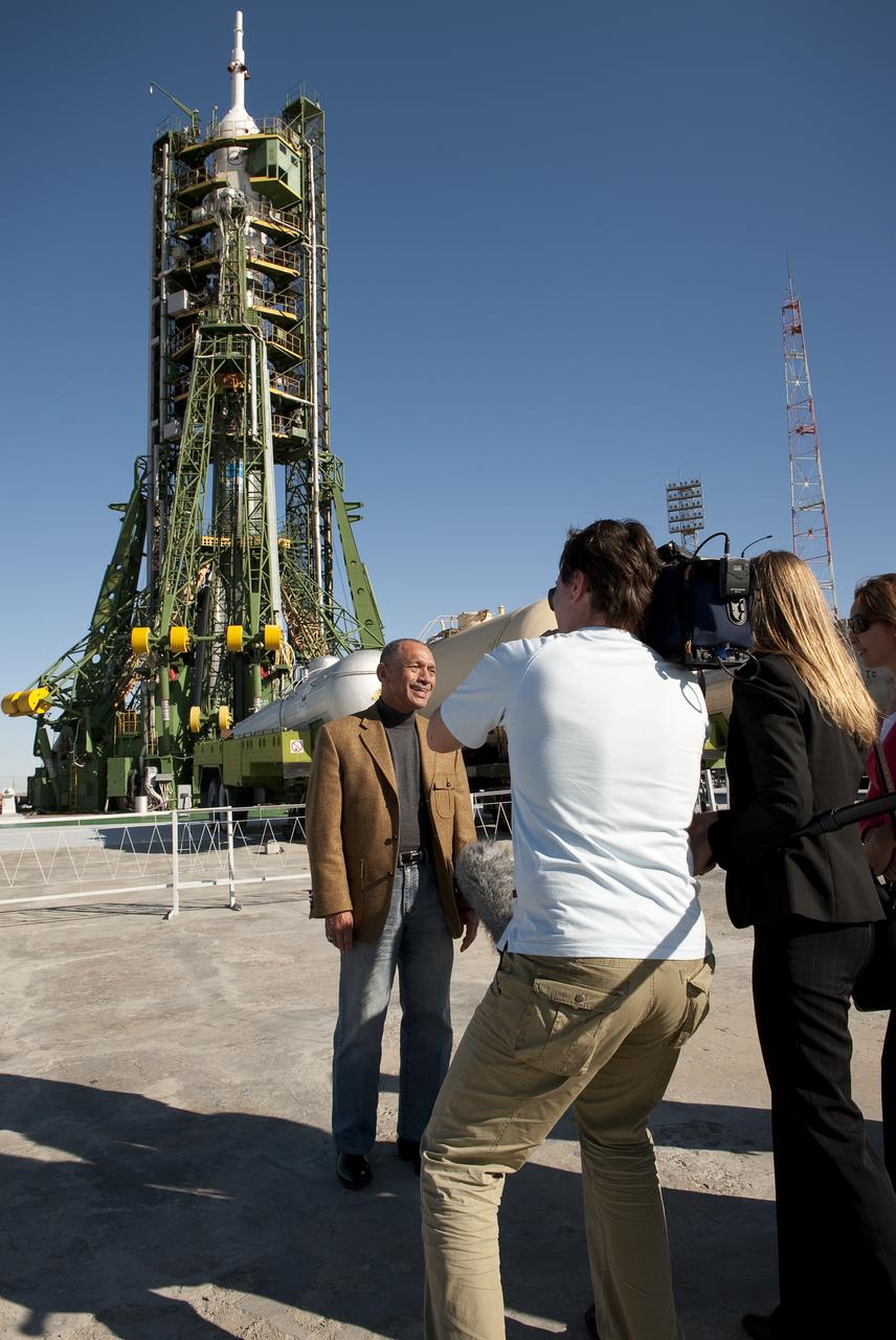 NASA Administrator Charles Bolden is interviewed by a television crew during his tour the Soyuz launch pad in Baikonur, Kazakhstan, Tuesday, Sept., 29, 2009 the day before Expedition 21 Flight Engineer Maxim Suraev, Expedition 21 Flight Engineer Jeffrey N. Williams and Spaceflight Participant Guy Laliberté are scheduled to launch to the International Space Station (ISS).  Photo Credit: (NASA/Bill Ingalls)