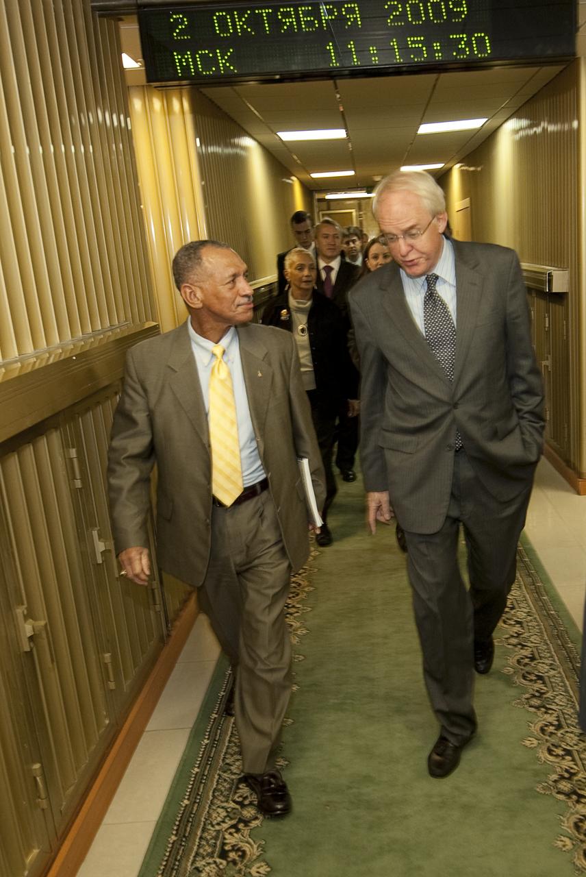 NASA Administrator Charles Bolden, Left, and Ambassador of the United States of America to the Russian Federation, John Beyrle arrive at the Mission Control Center Moscow in Korolev, Russia to watch the docking of the Soyuz TMA-16 spacecraft with the International Space Station (ISS) marking the start of Expedition 21 with Flight Engineer Jeffrey N. Williams, Expedition 21 Flight Engineer Maxim Suraev, and Spaceflight Participant Guy Laliberté, Friday, Oct. 2, 2009.  Laliberté will return to Earth with the Expedition 20 crew on October 11, 2009.  Photo Credit: (NASA/Bill Ingalls)