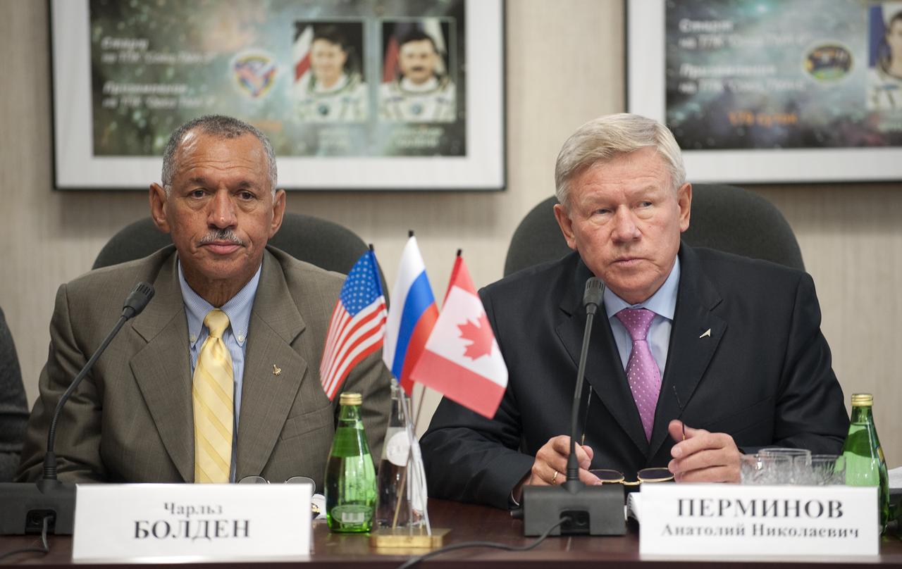 NASA Administrator Charles Bolden, Left, and Head of the Russian Federal Space Agency, Anatoly Perminov listen to reporter's questions during a press conference at Mission Control Center Moscow in Korolev, Russia shortly after the successful docking of the Soyuz TMA-16 spacecraft with the International Space Station (ISS) marking the start of Expedition 21 with Flight Engineer Jeffrey N. Williams, Expedition 21 Flight Engineer Maxim Suraev, and Spaceflight Participant Guy Laliberté, Friday, Oct. 2, 2009.  Laliberté will return to Earth with the Expedition 20 crew on October 11, 2009.  Photo Credit: (NASA/Bill Ingalls)