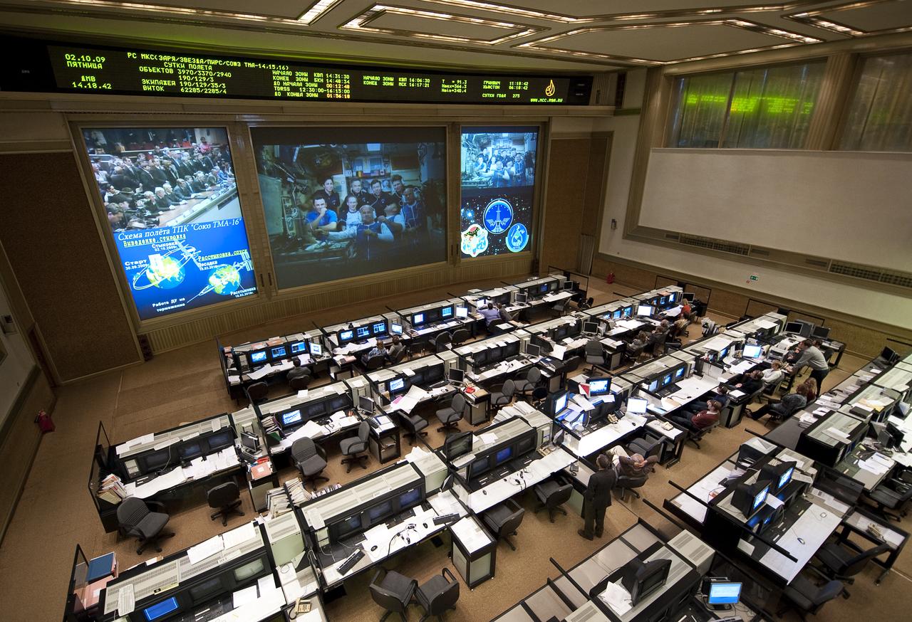 The entire crew onboard the International Space Station (ISS) can be seen on the center screen of the Mission Control Center Moscow in Korolev, Russia shortly after the successful docking of the Soyuz TMA-16 spacecraft with the International Space Station marking the start of Expedition 21 with Flight Engineer Jeffrey N. Williams, Expedition 21 Flight Engineer Maxim Suraev, and Spaceflight Participant Guy Laliberté, Friday, Oct. 2, 2009. Photo Credit: (NASA/Bill Ingalls)