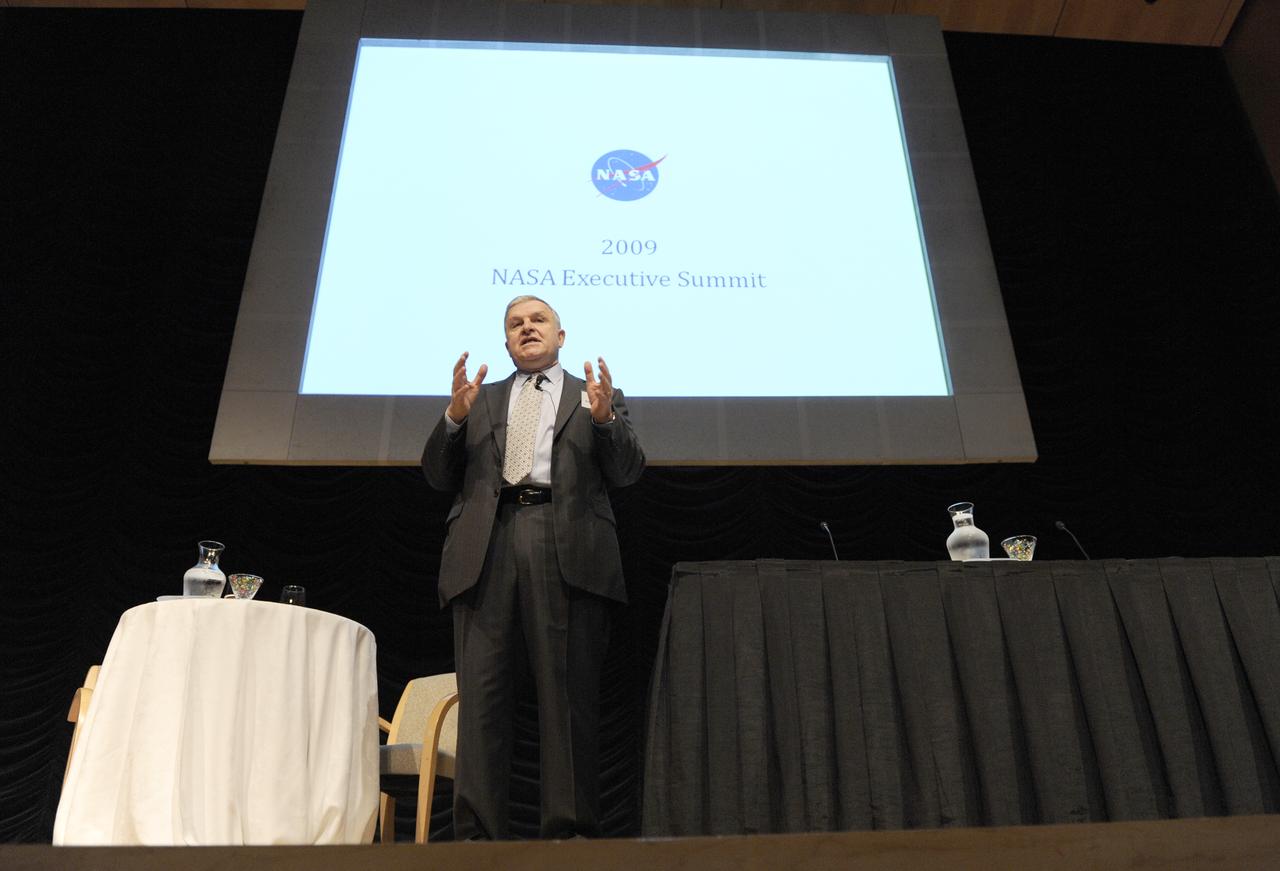 Retired Marine Corps Gen. Anthony Zinni, Chairman of the Board at BAE Systems, speaks to those gathered at the 2009 NASA Executive Summit, Tuesday, Oct. 6, 2009, at the Ronald Reagan Building in Washington. (Photo Credit: (NASA/Paul E. Alers)