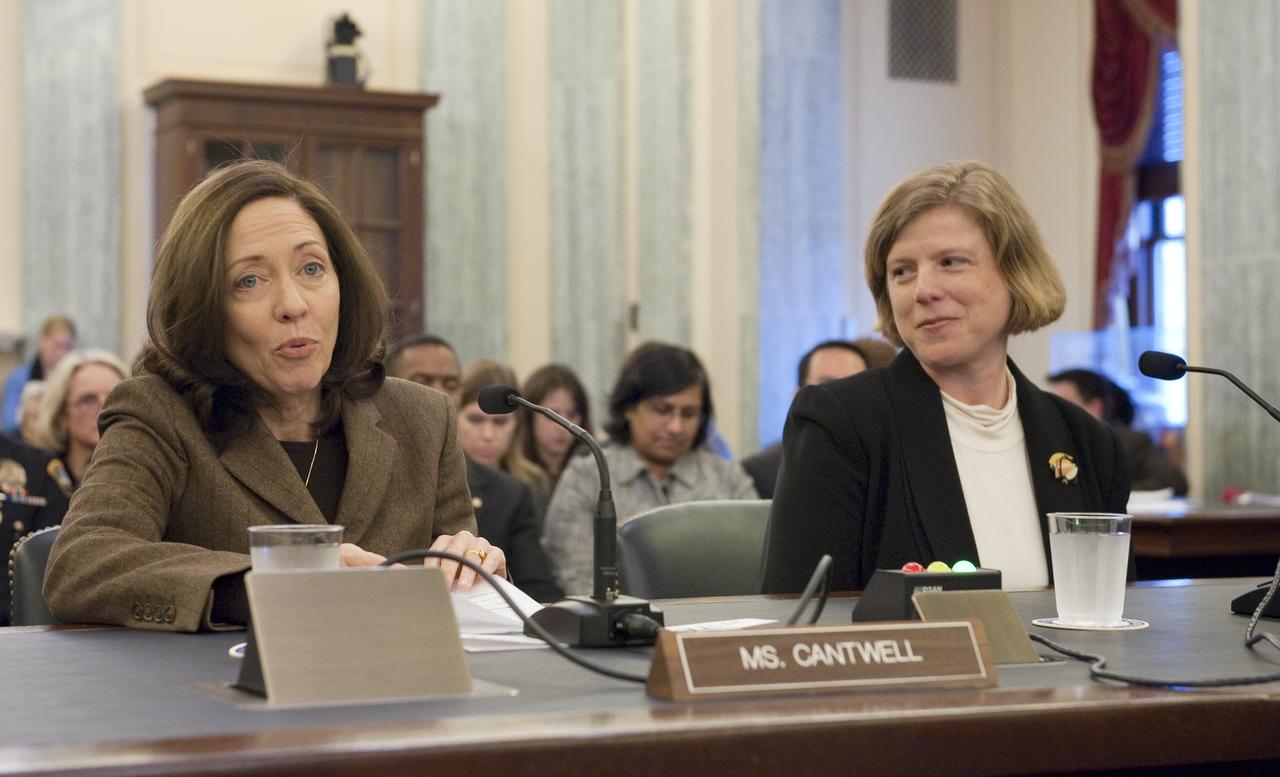 U.S. Sen. Maria Cantwell, D-Wash., left, talks about Dr. Elizabeth M. Robinson, nominee for Chief Financial Officer for NASA, right, prior to her confirmation hearing in front of the Senate Committee on Commerce, Science and Transportation, Thursday, Oct. 15, 2009, on Capitol Hill in Washington.  Photo Credit: (NASA/Paul E. Alers)