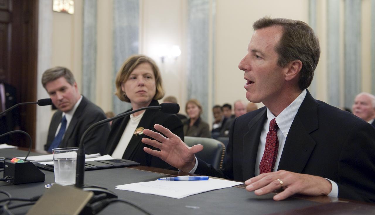 Paul K. Martin, nominee for Inspector General at NASA, far right, answers questions during his confirmation hearing in front of the Senate Committee on Commerce, Science and Transportation, Thursday, Oct. 15, 2009, on Capitol Hill in Washington. Looking on are Dr. Elizabeth M. Robinson, nominee for Chief Financial Officer for NASA, center, and Dr. Patrick Gallagher, nominee to be Assistant Secretary of the Transportation Security Administration at the U.S. Department of Commerce. Photo Credit: (NASA/Paul E. Alers)