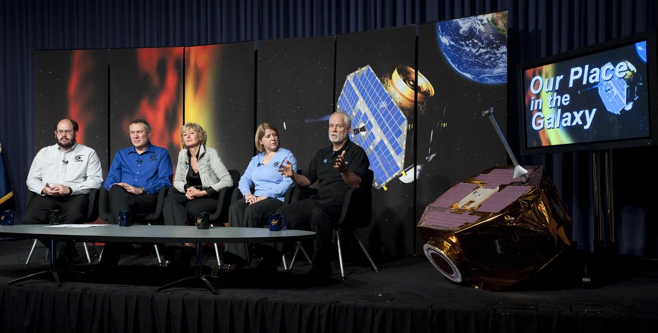 Don Mitchell, far left, Cassini spacecraft instrument scientist, IBEX co-Investigator, Johns Hopkins University Applied Physics Laboratory in Laurel, Md., answers questions on findings made by NASA's Interstellar Boundary Explorer, IBEX, at NASA Headquarters in Washington, Thursday, Oct. 10, 2009.  Mitchell is joined by IBEX mission colleagues David McComas, far right, IBEX spacecraft principal investigator and senior executive director, Space Science and Engineering Division, Southwest Research Institute in San Antonio; Eric Christian, IBEX deputy mission scientist, NASA's Goddard Space Flight Center in Greenbelt, Md.; Rosine Lallement, senior scientist at the French National Center for Scientific Research in Paris; Lindsay Bartolone, second from left, lead of Education and Public Outreach at the Adler Planetarium in Chicago.  Photo Credit: (NASA/Carla Cioffi)