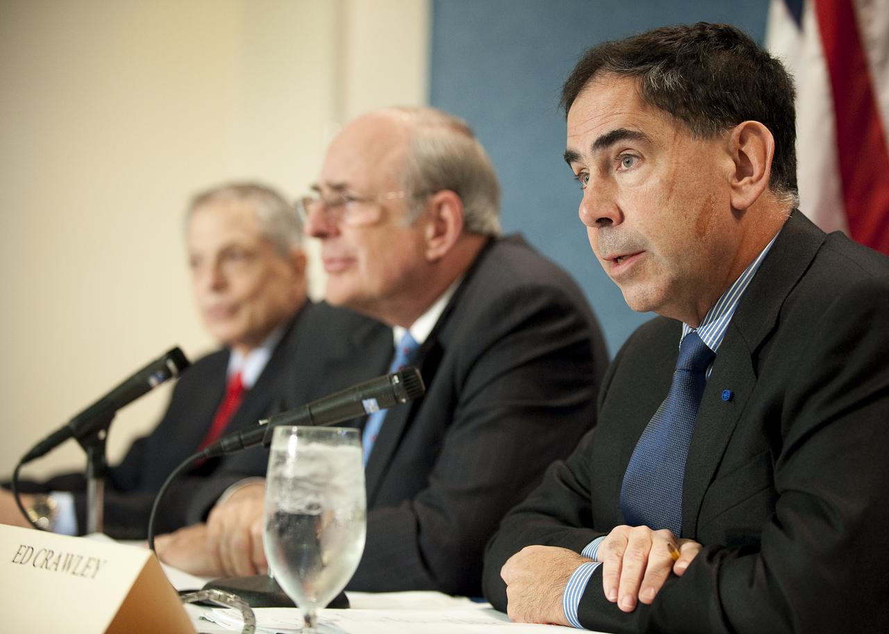 U.S. Human Space Flight Plans Committee member Ed Crawley, right, answers a reporter's question during a press conference where the committee released it's report on Thursday, Oct., 22, 2009 at the National Press Club in Washington. The Obama Administration tasked the committee to do an independent review of planned U.S. human space flight activities with the goal of ensuring that the nation is on a vigorous and sustainable path to achieving its boldest aspirations in space. Photo Credit: (NASA/Bill Ingalls)