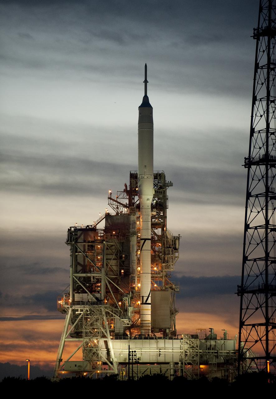 NASA's Ares I-X rocket is seen on launch pad 39b at the Kennedy Space Center in Cape Canaveral, Fla., Monday, Oct. 26, 2009.  The flight test of Ares I-X, scheduled for Tuesday, Oct. 27, 2009, will provide NASA with an early opportunity to test and prove flight characteristics, hardware, facilities and ground operations associated with the Ares I.