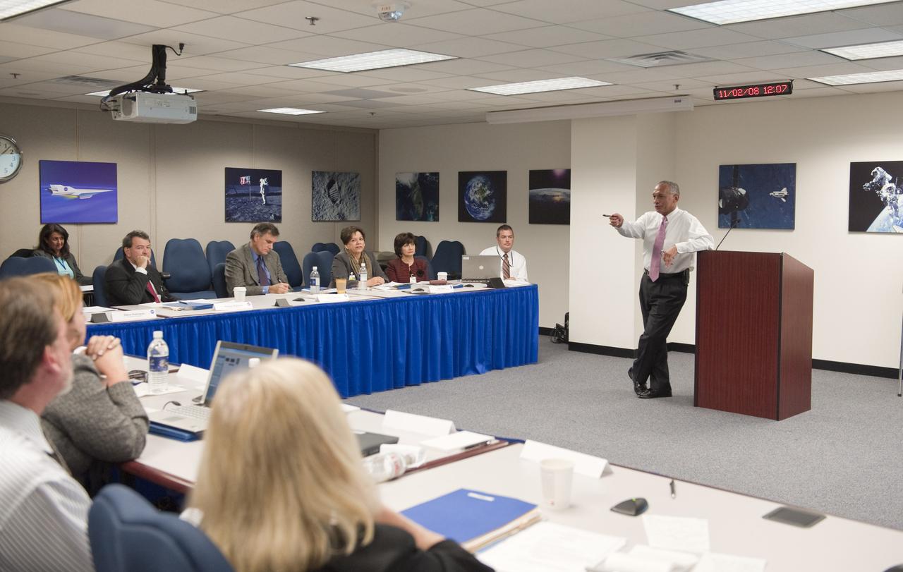 NASA Administrator Charles F. Bolden conducts a discussion during an Education Summitt, Monday, Nov. 2, 2009, at NASA Headquarters in Washington. Photo Credit: (NASA/Paul E. Alers)