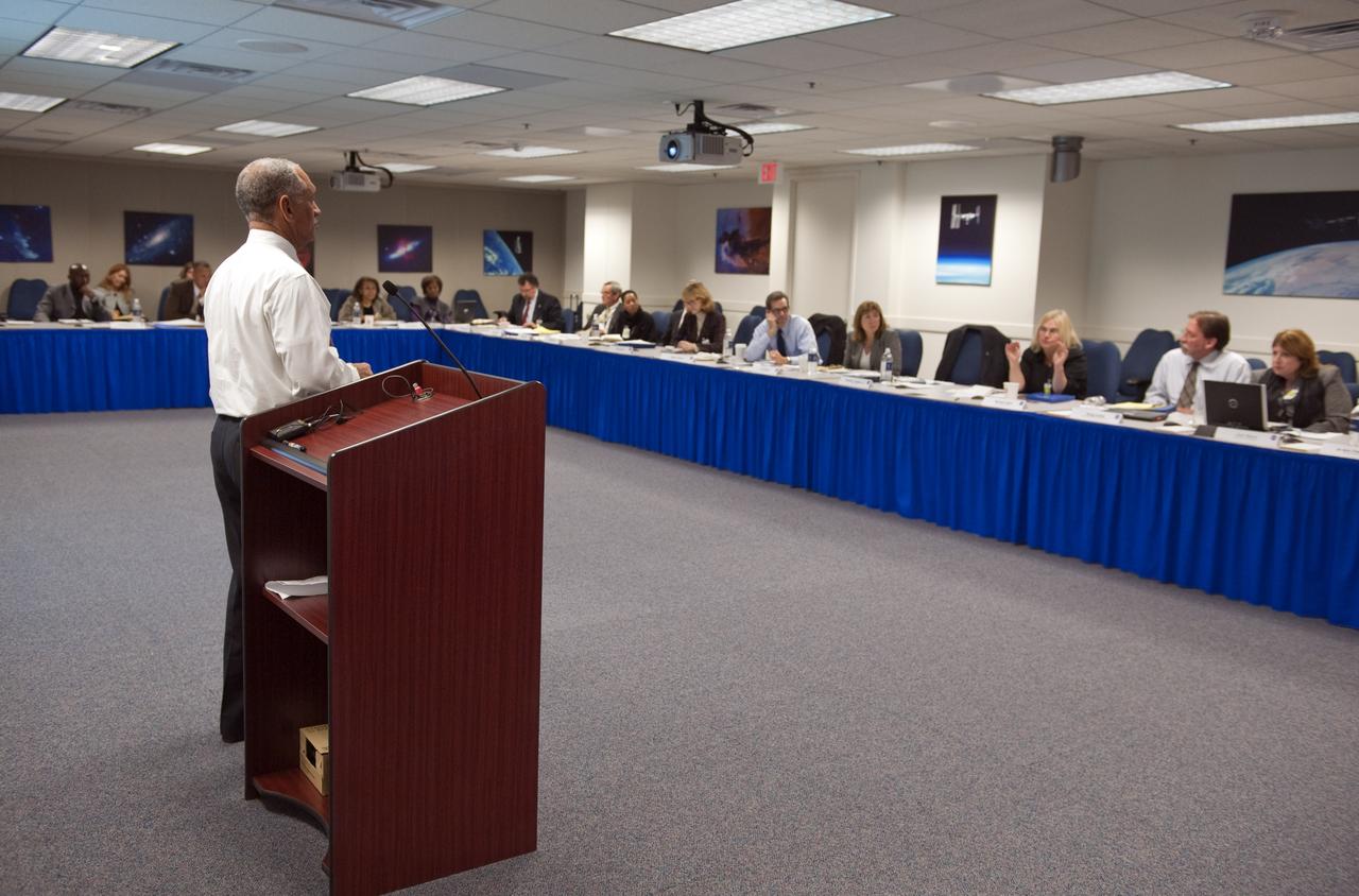 NASA Administrator Charles F. Bolden, at podium, leads a discussion during an Education Summitt, Monday, Nov. 2, 2009, at NASA Headquarters in Washington. Photo Credit: (NASA/Paul E. Alers)