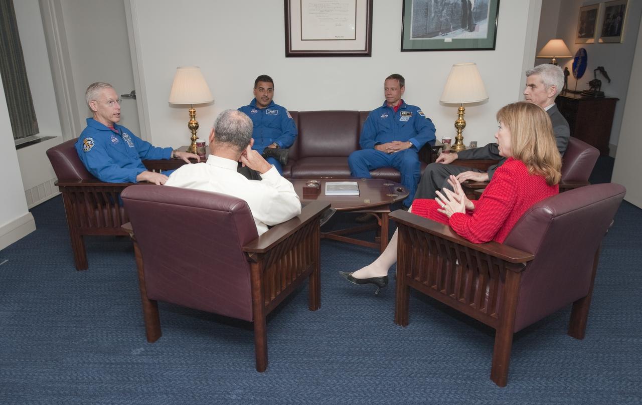 NASA Administrator Charles F. Bolden, left, and Deputy Administrator Lori Garver along with Assistant Administrator for Legislative and Intergovernmental Affairs L. Seth Statler, seated right, meet with STS-128 astronauts Patrick Forrester, Jose Hernandez and Christer Fugelsang, of the European Space Agency, at NASA Headquarters, Tuesday, Nov. 3, 2009, in Washington. Photo Credit: (NASA/Paul E. Alers)
