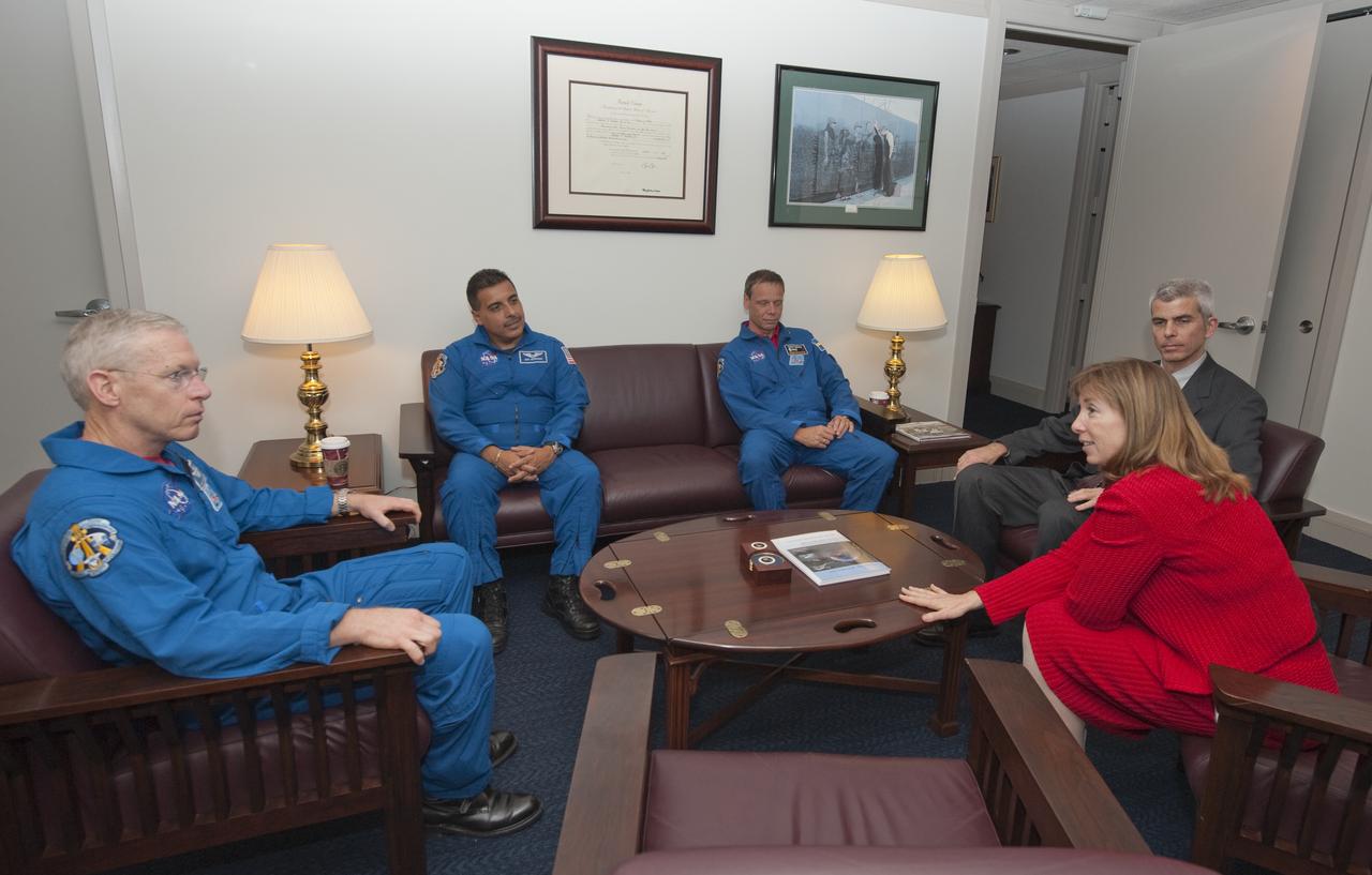 NASA Deputy Administrator Lori Garver, right, along with  Assistant Administrator for Legislative and Intergovernmental Affairs L. Seth Statler, meets with STS-128 astronauts Patrick Forrester, left, Jose Hernandez and Christer Fugelsang, of the European Space Agency, at NASA Headquarters, Tuesday, Nov. 3, 2009, in Washington. Photo Credit: (NASA/Paul E. Alers)
