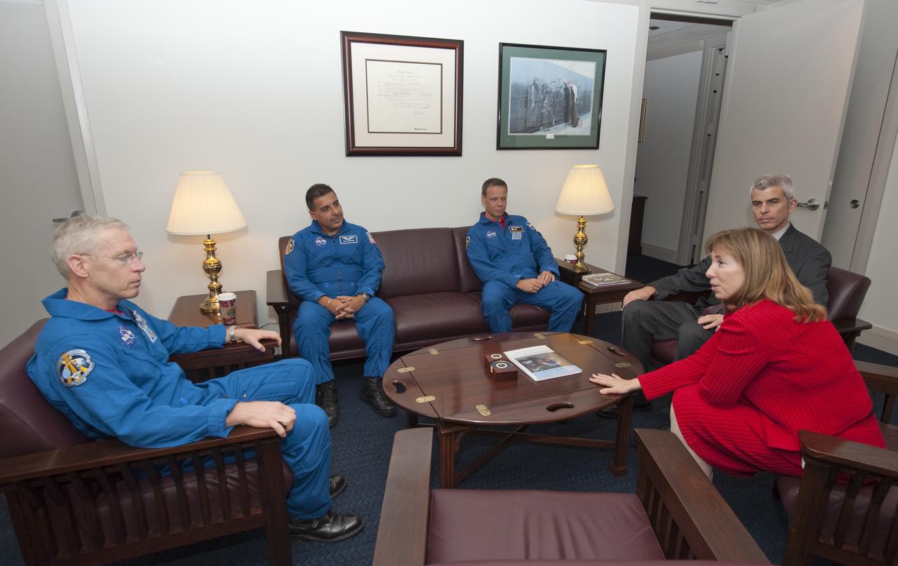 NASA Deputy Administrator Lori Garver, right, along with  Assistant Administrator for Legislative and Intergovernmental Affairs L. Seth Statler, meets with STS-128 astronauts Patrick Forrester, left, Jose Hernandez and Christer Fugelsang, of the European Space Agency, at NASA Headquarters, Tuesday, Nov. 3, 2009, in Washington. Photo Credit: (NASA/Paul E. Alers)