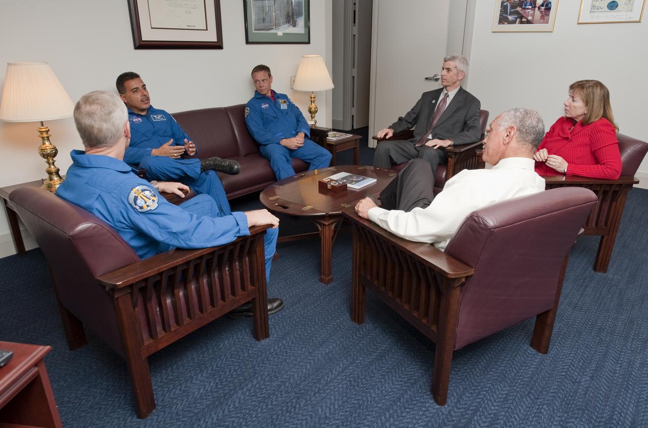 NASA Administrator Charles F. Bolden, left, Deputy Administrator Lori Garver, along with Assistant Administrator for Legislative and Intergovernmental Affairs L. Seth Statler, meet with STS-128 astronauts Patrick Forrester, Jose Hernandez and Christer Fugelsang, of the European Space Agency, at NASA Headquarters, Tuesday, Nov. 3, 2009, in Washington. Photo Credit: (NASA/Paul E. Alers)