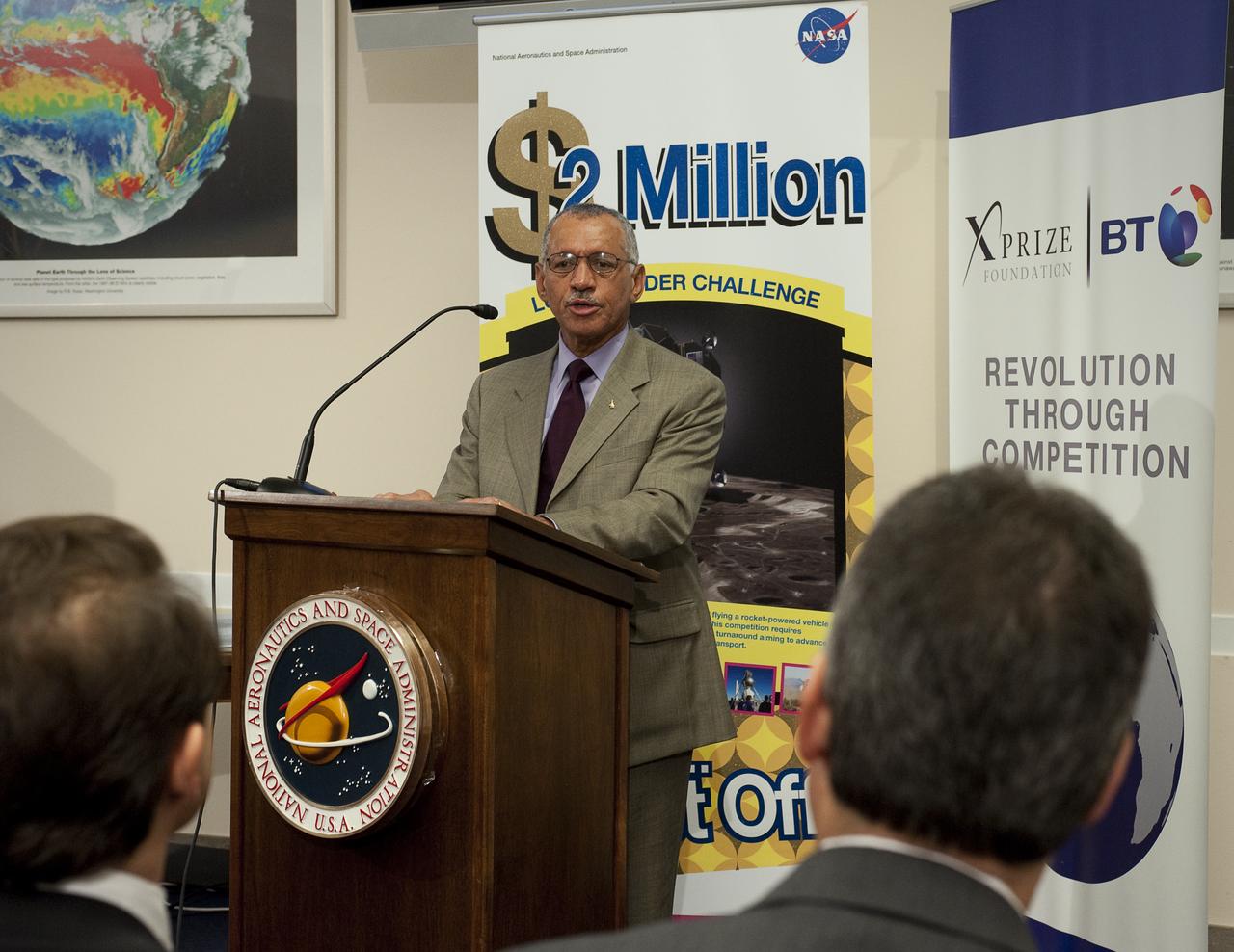 NASA Administrator Charles Bolden gives opening remarks at an awards ceremony for the Northrop Grumman Lunar Lander Challenge at the Rayburn House Office Building on Nov. 5, 2009, in Washington, DC.  NASA's Centennial Challenges program gave $1.65 million in prize money to a pair of aerospace companies that successfully simulated landing a spacecraft on the moon and lifting off again.  Photo Credit: (NASA/Carla Cioffi)