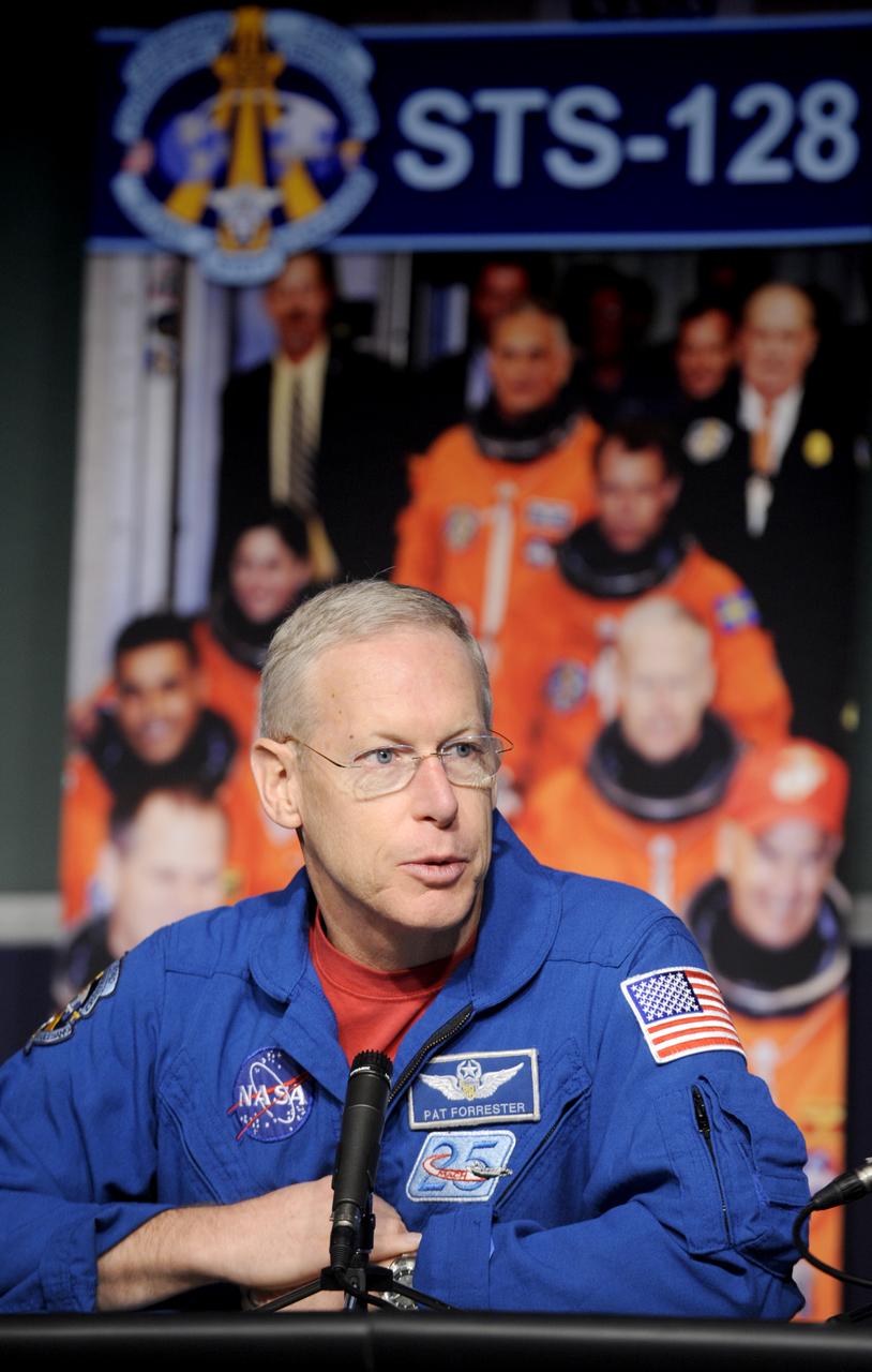 STS-128 mission specialist Patrick Forrester speaks to the audience during a presentation in the auditorium at NASA Headquarters in Washington, Thursday, Nov. 5, 2009. Photo Credit: (NASA/Paul E. Alers)