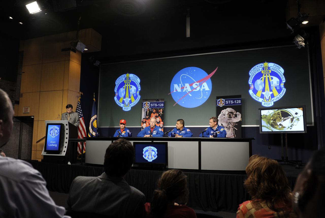 Members of the crew of STS-128, from left, Commander Rick Sturckow, mission specialists Patrick Forrester, Jose Hernandez and European Space Agency astronaut Christer Fuglesang, speak to the audience during a presentation in the auditorium at NASA Headquarters in Washington, Thursday, Nov. 5, 2009. Photo Credit: (NASA/Paul E. Alers)