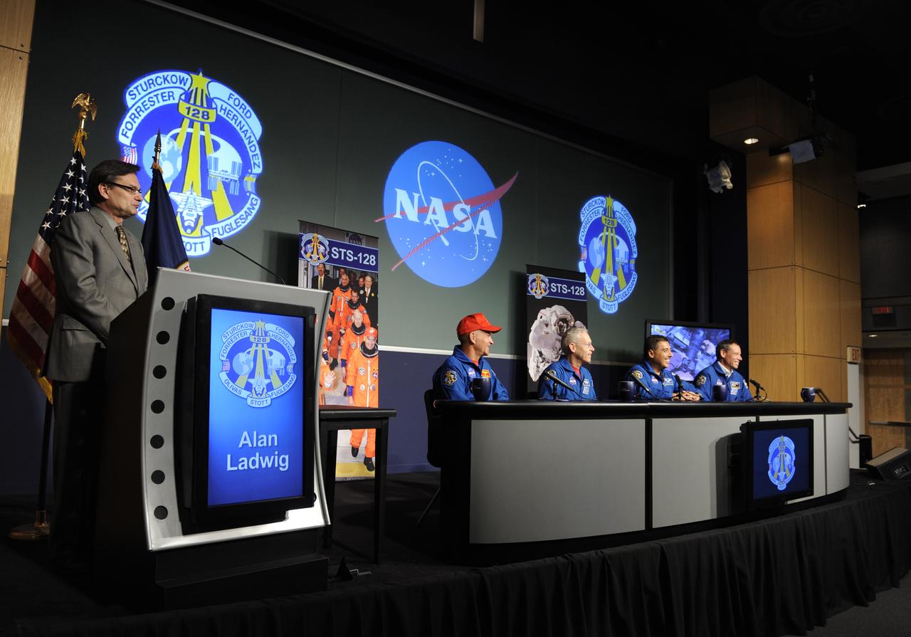 Members of the crew of STS-128 seated from left, Commander Rick Sturckow, mission specialists Patrick Forrester, Jose Hernandez and Christer Fuglesang of the European Space Agency, speak to the audience during a presentation in the auditorium at NASA Headquarters in Washington, Thursday, Nov. 5, 2009. Photo Credit: (NASA/Paul E. Alers)