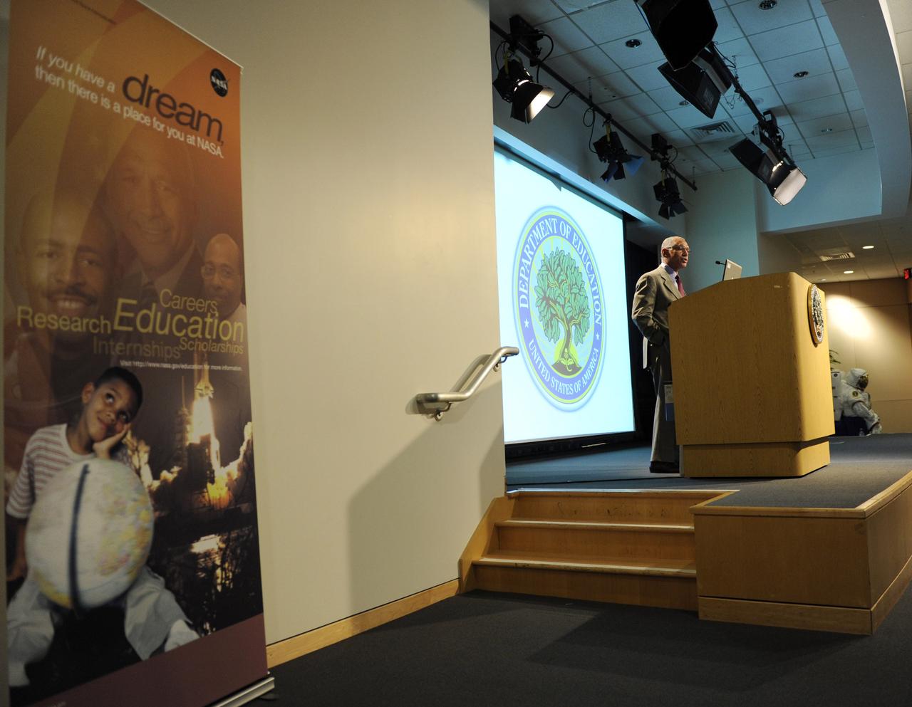 NASA Administrator Charles F. Bolden speaks during an event where students spoke via downlink to astronauts on the ISS, Thursday, Nov. 5, 2009, at the U.S. Department of Education in Washington. Bolden and Secretary of Education Arne Duncan are hosted Washington area middle and high school students Thursday for a live discussion with astronauts aboard the International Space Station. The event was part of the 10th annual celebration of International Education Week. Photo Credit: (NASA/Paul E. Alers)