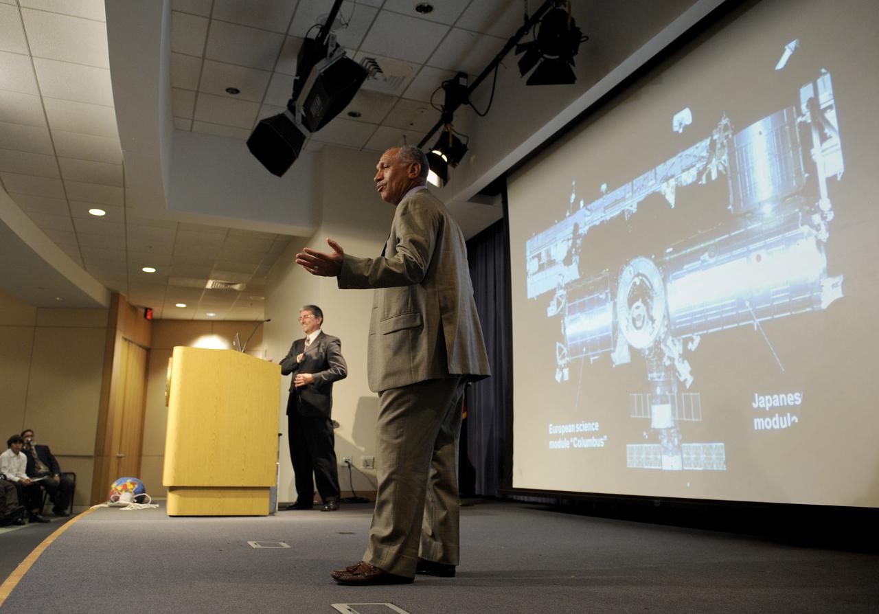 NASA Administrator Charles F. Bolden, left, speaks during an event where students spoke via downlink to astronauts on the International Space Station (ISS), Thursday, Nov. 5, 2009, at the U.S. Department of Education in Washington. Bolden and Secretary of Education Arne Duncan hosted Washington area middle and high school students Thursday for a live discussion with astronauts aboard the International Space Station. The event was part of the 10th annual celebration of International Education Week. Photo Credit: (NASA/Paul E. Alers)