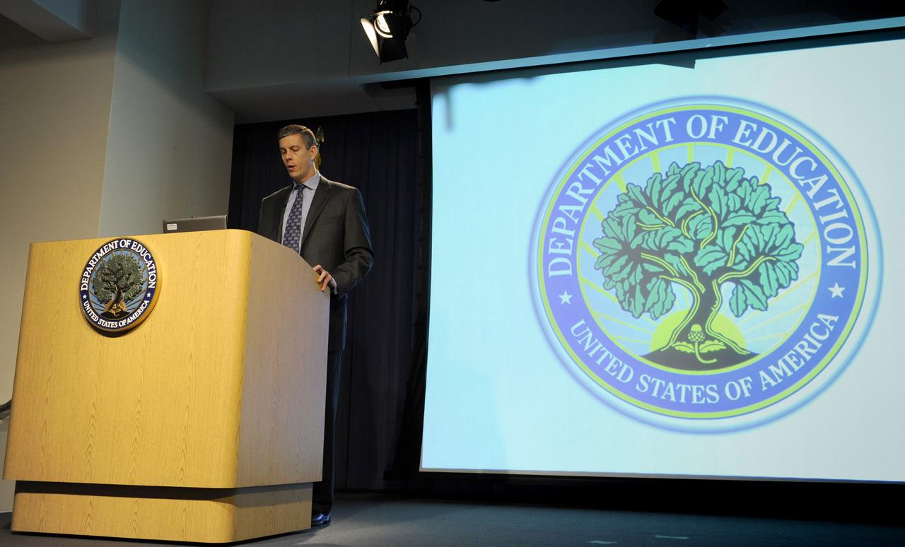 U.S. Department of Education Secretary Arne Duncan speaks during an event at the Department of Education, Thursday, Nov. 5, 2009, in Washington where he and NASA Administrator Charles Bolden hosted Washington area middle and high school students for a live discussion with astronauts aboard the International Space Station. The event is part of the 10th annual celebration of International Education Week. Photo Credit: (NASA/Paul E. Alers)